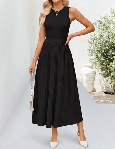 ZESICA Women's 2025 Summer Sleeveless Midi Dresses Casual Crewneck Ribbed Knit Pleated A Line Swing Long Party Dress3