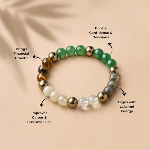 Image of VAMA Dhan Yog Bracelet | Certificate of Authenticity | Money Magnet Bracelet for Men & Women | Attracts Wealth & Financial Prosperity | Pyrite, Citrine, Green Jane, Tiger Eye, Sphatik & Aventurine