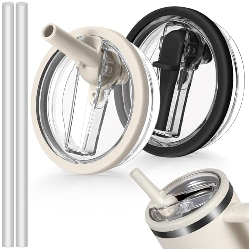 ANTAND 40oz Flip Straw Leak Proof Lid for Stanley H2.0 Quencher Protour Tumbler, 2 Pack Spill Proof Lid Replacement Straw Cover Top for 40 OZ Stanley Cup Accessories (Beige,Black)