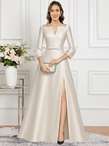 Satin Mother of The Bride Dresses for Women Long Sleeve V Neck Formal Wedding Guest Dresses with Slit3