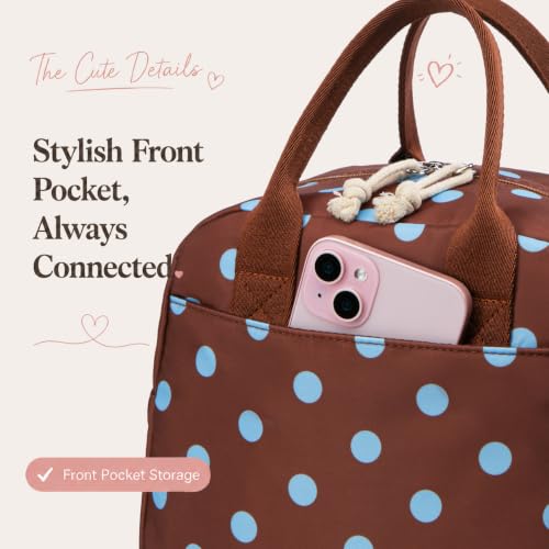 Image of LOVELYWIND Brown Blue Polka Dot Lunch Box For Women, Insulated Lunch Bag | Brown Lunch Bag With Blue Polka Dots; Cute Insulated Lunch Box Tote For Work, Travel, Beach, And Daily Meals.