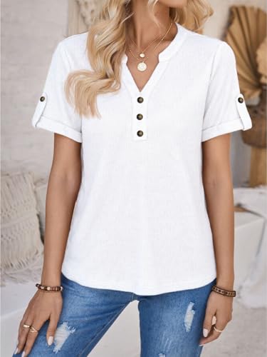Women's Summer Short Sleeve Button Waffle T Shirt Classic Fit V Neck Tops for Office Work4