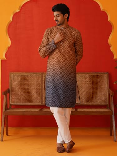 Image of Jompers Thread Work & Sequin Embellished Printed Kurta Set for Men Cotton Blend