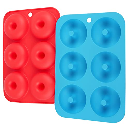 Powmag Moule Donuts Silicone, 2 Pièces Donuts Gateau, Moule Gateau Silicone Donut, Moule à beignet en silicone, Donuts Patisserie Moule, idéal pour l'outil de Muffin Bagel Biscuit (Rouge & Bleu)