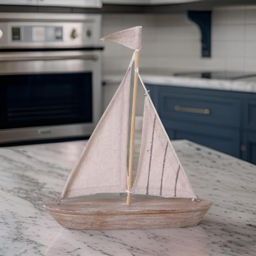 The Bridge Collection Neutral Wooden Sailboat Figurine - Small Tabletop Boat Decor with Striped Sail - Sailboat Table Top Figurine for Nautical, Coastal Decor - Thumbnail 5