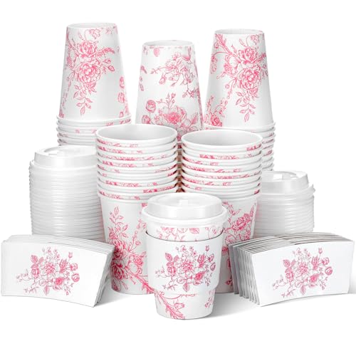Vesici 60pcs 14oz Pink Disposable Coffee Cups with Lids and Sleeves Botanical Floral Coffee Cups Pink Toilet Paper Cup for Spring Birthday Weddings Bridal Shower Tea Party Supplies