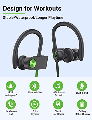 Stiive Bluetooth Headphones, Wireless Sports Earbuds Ipx7 Waterproof With Mic, Stereo Sweatproof In-Ear Earphones, Noise Cancelling Headsets For Gym Running Workout, 15 Hours Playtime - Greenblack #TOP1