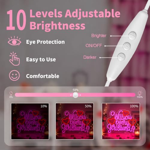 Image of Will You Be My Girlfriend Neon Sign for Wall Decor Pink LED Light Sign for Room Decor Dimmable Light Up Sign for Birthday Party Decoration USB Powered