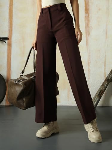 Image of High Star Women High Rise Solid Regular Length Wide Leg Casual Trousers