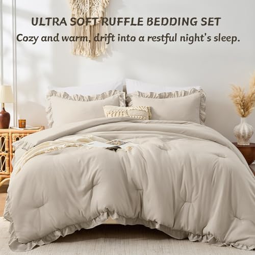 Image of FUANNA Full Size Comforter Sets Oatmeal, 3 Pieces Ruffle Full Size Bedding Sets, Fluffy Bed in a Bag Full for All Seasons, Shabby Chic Full Bed Set with 1 Lightweight Comforter & 2 Pillowshams