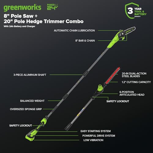 Image of Greenworks 24V 8 in Pole Saw Hedge Trimmer Kit, 2.0 Ah Battery and Charger