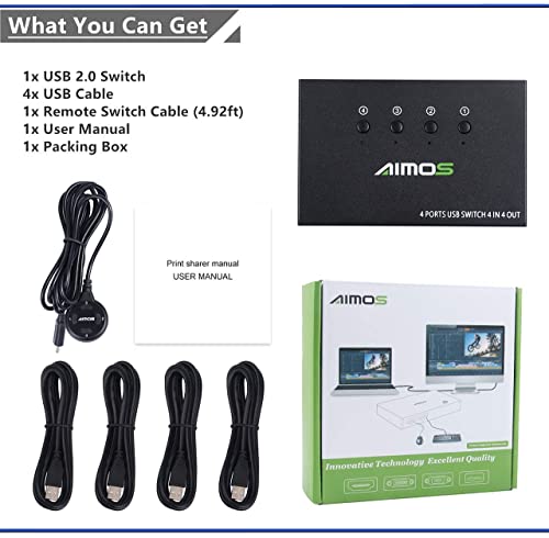 AIMOS USB Switch Selector 4 Port, USB KVM Switcher 4 Computers Sharing 4 USB Devices One-Button Swapping, for Share Mouse, Keyboard, Printer, Scanner, with 4 USB Cables