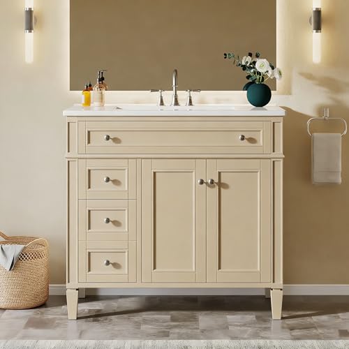 Tribesigns 36-Inch Bathroom Vanity with Ceramic Sink, Bathroom Sink Cabinet Storage with 4 Drawers & 2 Doors, Adjustable Side Shelf, Farmhouse Bathroom Cabinet, Beige