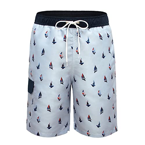 MEILONGER Mens Swim Trunks Quick Dry Bathing Suits Beach Board Shorts Swimming Swimwear with Mesh Lining and Pockets(Light Gray(Sailboat),M)