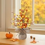 FUFRE Herbstdeko Künstliche Ahornblatt Kürbis Reisähre Deko im Topf, Kunstblumen Kürbisse Herbst Tischdeko mit 2m LED Lichterkette, Künstliche Blumen, Herbstblumen Ornamente für Tisch Innen (D)