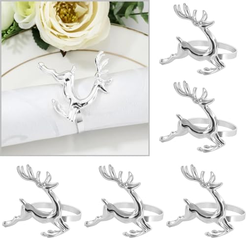 Christmas Napkin Rings Set of 12 Holiday Dinner Parties Silver Deer Napkin Holder Home Table Decoration, Silver (12)