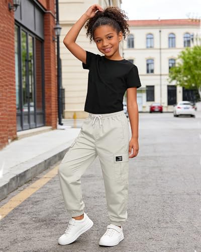 Image of Betusline Girls 2 Piece Summer Outfits,Black Cute Short Sleeve Crop Tops + Beige Cargo Jogger Pants Clothes,11-12 Years = Tag 160