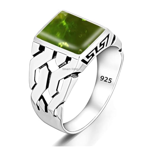 Peridot Solid 925 Sterling Silver Rectangle Shape Gemstone Men Signet