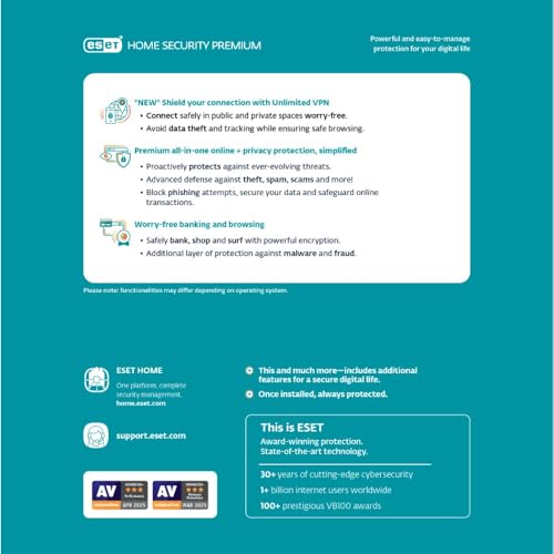 Image of ESET Home Security Premium | Antivirus | 2025 Edition | 1 Device | 1 Year| Unlimited VPN | Privacy Protection | Ransomware | Anti-Theft | Digital Download [PC /Mac /Android]