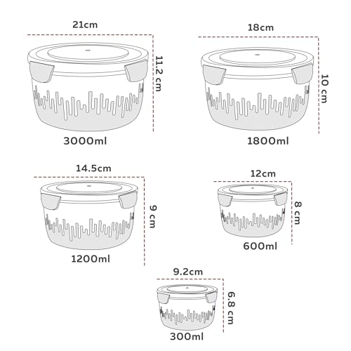 Image of PEARLPET PP Container Circular Plastic Food Storage Container with Air Tight Lid | Fridge & Freezer Dabba Containers, Fruit Box Set of 5, Red (300ml, 600ml, 1200ml, 1800ml and 3000ml)