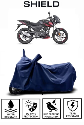 Image of Shield Heavy Duty Bike Cover for Bajaj Pulsar 180 | All-Season, Tear-Proof Fabric | with Side Mirror Pocket & Buckle Belt | Bajaj Pulsar 180 Bike Cover (Blue)