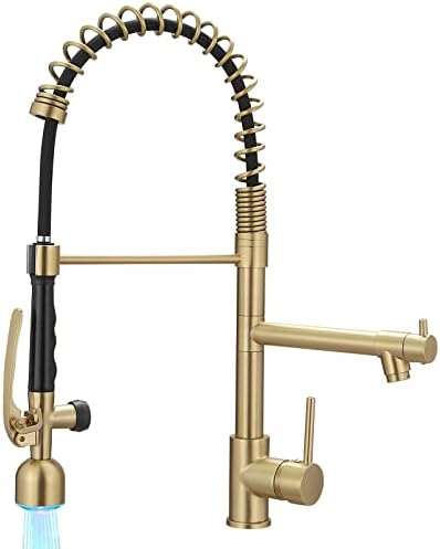 Fapully Single Handle High Arc Brushed Gold Pull Down Kitchen Faucet LED,Single Level Kitchen Sink Faucets with Pull Down Sprayer