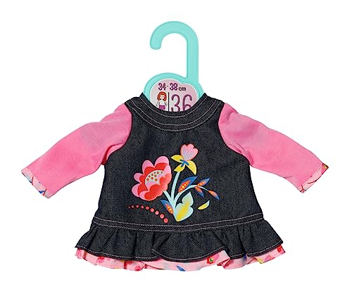 Dolly Moda 871508 Ropa para Muñecas, Vestido Vaquero Flores, 36 cm, Vestido Vaquero con Camisa Rosa Manga Larga