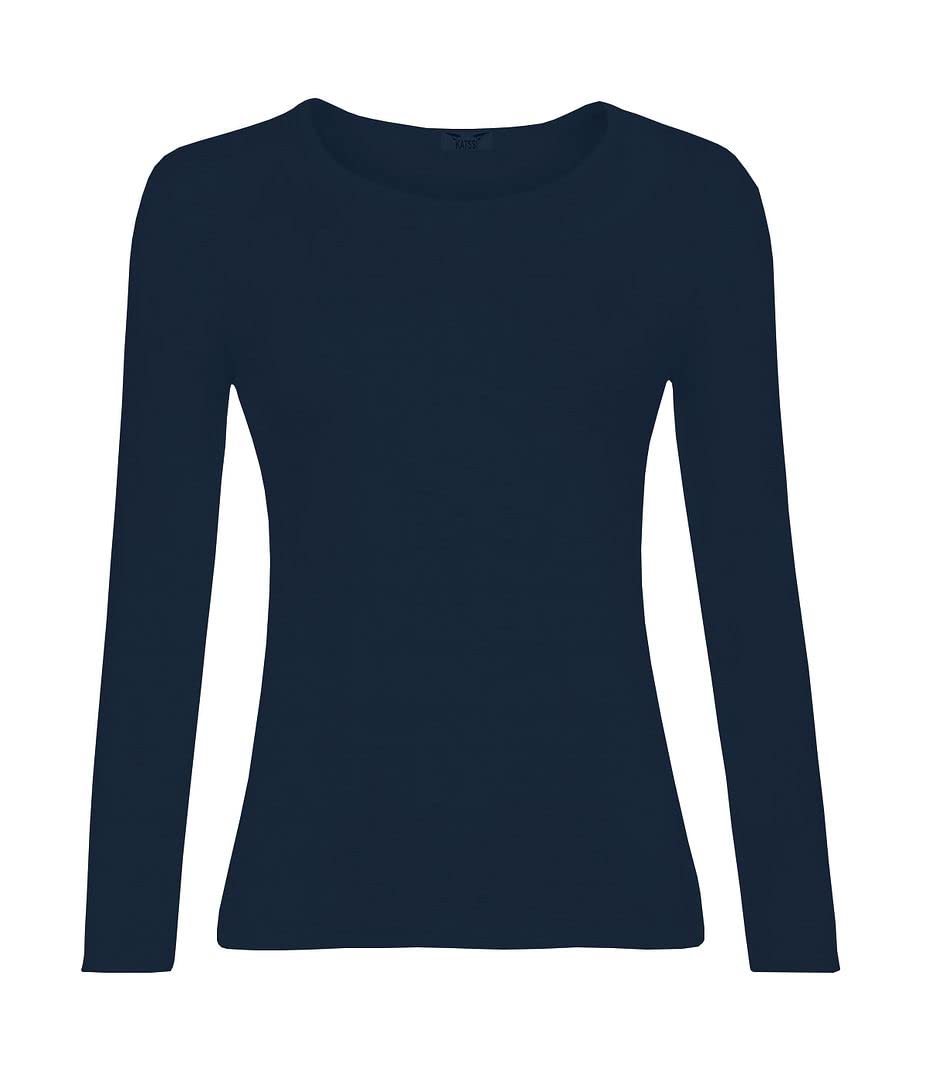KATSSI Women’s Ladies Long Sleeve Stretch Plain Round Scoop Neck T Shirt Top XXXL Navy