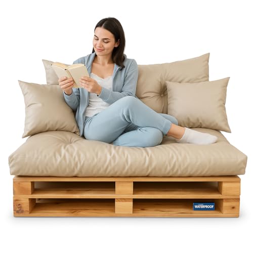 DECORESTOR Cojines para Palets Impermeables - Pack Completo Asiento 120x80, Respaldo 120x60 y 2 Cojines 40x40 - Sofá de Palets Exterior/Interior (Arena)