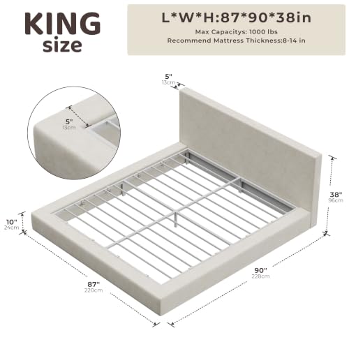 Image of RECCI AirFrame King Size Bed Frame with Headboard, Cloud Upholstered Platform Bed Frame, 5 Inch Foam Cushioned, No Box Spring, Easy Assembly(Beige Chenille)