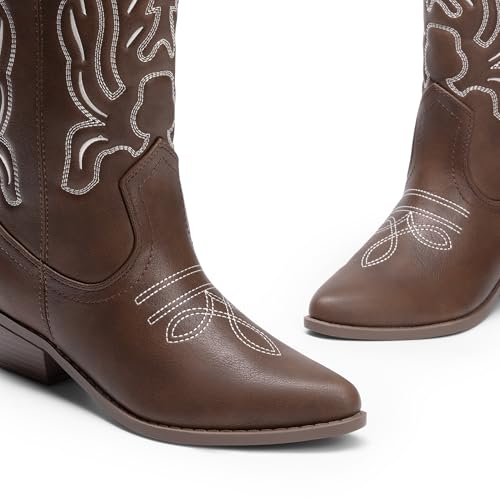 DREAM PAIRS Women's Cowboy Boots Mid Calf Cowgirl Boots Embroidery Stitched Western Boots,Size 6.5,Brown-Pu,DWUMMB2419
