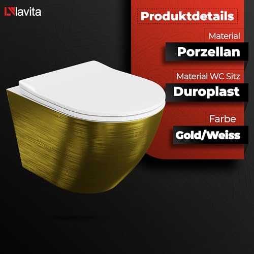 Lavita Vorwandelement Solido Start + Wand Hänge WC Sofi Slim Brushed Gold Spülrandlos + WC Sitz mit Absenkautomatik Verchromter Knopf Komplettset Unterputz Spülkasten Toilette Komplett Sett WC – Bild 7