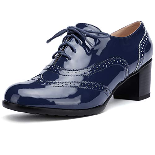Odema Womens PU Leather Oxfords Wingtip Lace up Mid Heel Pumps Shoes …