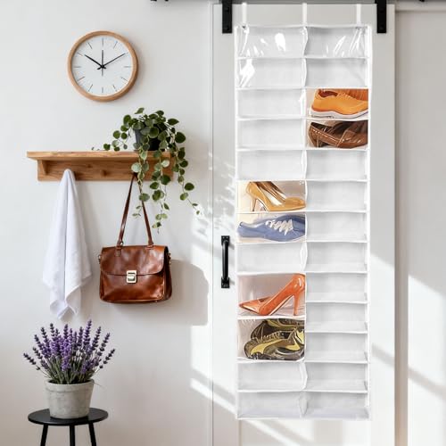 Hoodie Sweatshirt Storage Hack, Door Hanging Shoe Rack Organizer, 26-Pocket Clear Holder, Pockets Wall Shoes Bag, Portable Closet Wardrobe, 63' L X 22' W X 6.3' H, Cabinet Behind The Doors (White)