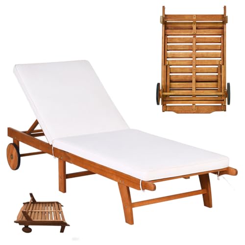 GOPLUS Bain de Soleil Pliante en Bois d'Ecualyptus, Transat Jardin Extérieur avec Dossier Réglable 6 Positions, 2 Roues, 195 x 68 x 30-90 CM, Coussin...