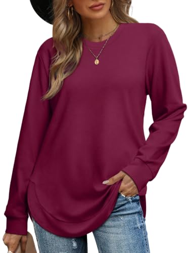 Image of OFEEFAN Womens Sweatshirt Crewneck Long Sleeve Shirts High Low Tops Curved Hem