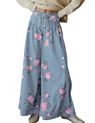 chouyatou Women's Boho Wide Leg Floral Denim Pants Pleated Elastic Waist Drawstring Palazzo Jeans