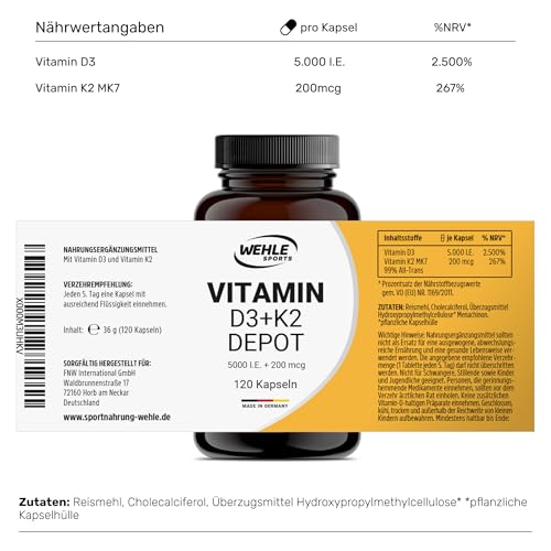 Vitamin D3 K2 Depot 120 Kapseln Hochdosiert 5.000 IE Vitamin D3 + 200 µg Vitamin K2 MK7 All Trans – Wehle Sports, Hergestellt in DE. - Verpackung kann variieren