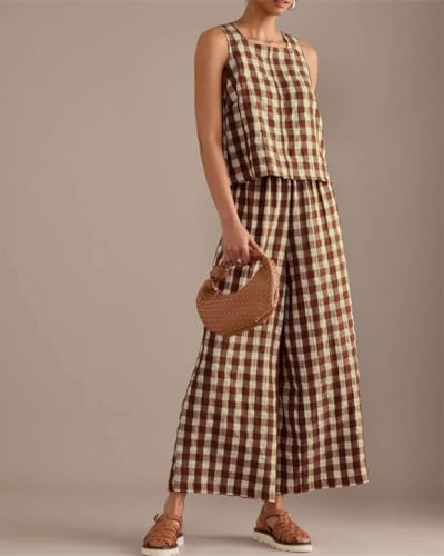 Women 2 Piece Summer Outfits Gingham Lounge Set Y2k Plaid Sleeveless Top Wide Leg Pants Matching Set2