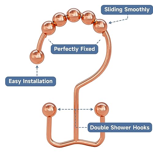 Image of Titanker Shower Curtain Hooks Rings Rust Resistant Metal Double Glide Shower Hooks Rings for Bathroom Shower Rods Curtains, Set of 12 Hooks - Rose Gold