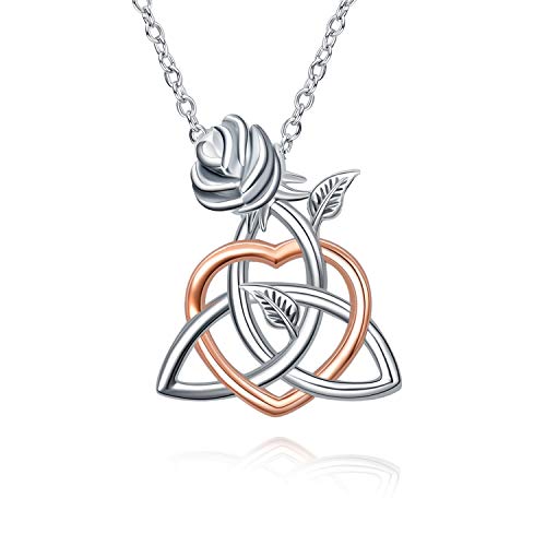 YFN Sterling Silver Celtic Triangle Trinity Knot Necklace Heart Rose Pendant Good Luck Irish Jewelry for Women Gifts (Red Gold)