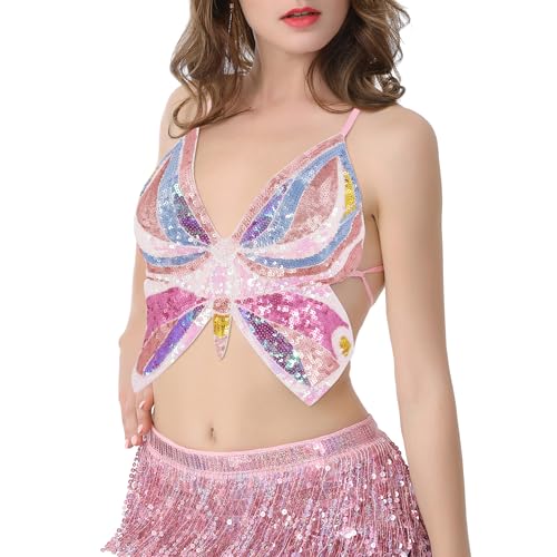 Mocure Womens Glitter Sequin Butterfly Crop Top Low-Cut Tank Top Rave Tube Vest Top for Belly Dance Costume Outfits3