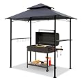 GARTOO 8'x5' Outdoor Grill Gazebo - Double Roof BBQ Gazebo Canopy with 2 Side Shelves and LED Lights, Patio BBQ Pergola Shelter for Garden, Porch and Backyard (Grey)