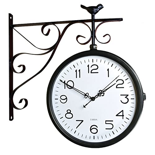 HUIBBGO Reloj de pared de hierro forjado de doble cara de 12 pulgadas, silencioso, fácil de leer, reloj de estación de dos caras para jardín, hogar, interior, exterior, sala de estar, decoración de