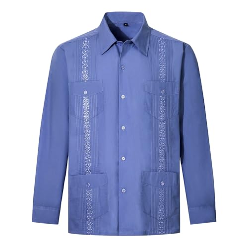 Generisch 2025 Hombres Guayabera Manga Larga Botón Up Cuban Beach Casual Camisa Bordada Rosas Camisa Hombre, azul oscuro, XXL
