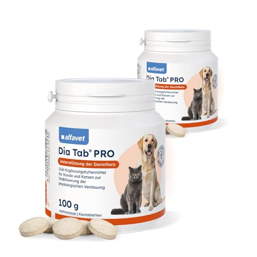 alfavet Dia Tab PRO 2 x 100 g Diät-Ergänzungsfuttermittel für Hunde & Katzen Prä- & Probiotika zur Stabilisierung der Verdauung Leckere Kautabletten mit Bentonit zur Unterstützung der Darmflora