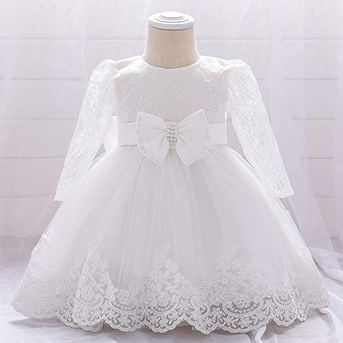 PanLidapan Baby Girls Evening Dress Long Lace Sleeve Crew Neck Bow Multi-Layer Mesh Tulle Splicing Long Princess Dress for Newborn Toddler (White, 6-12 Months)