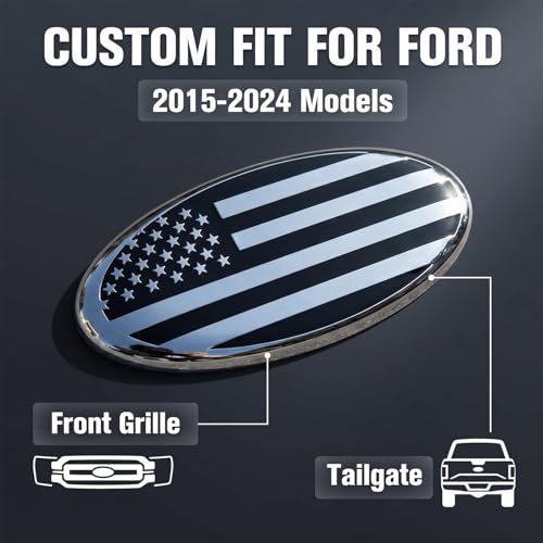 Image of 9.5 Inch Front Grille Rear Tailgate Emblem Compatible with 2015-2024 Ford F150, Aluminum Oval Overlay American Flag Decals Exterior Accessories(Silver)