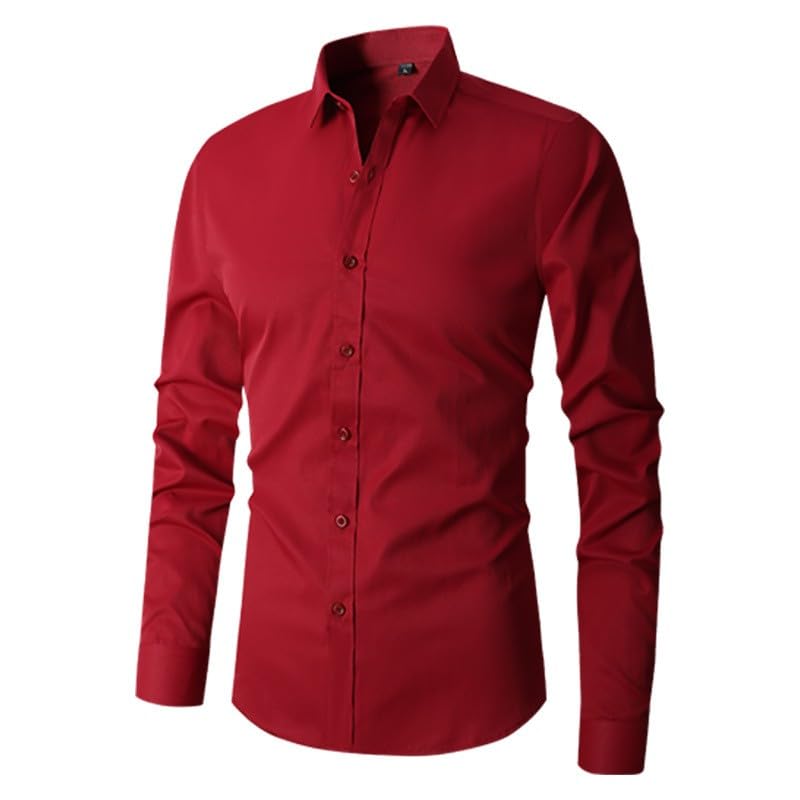 Camisa de manga larga elástica sin necesidad de planchar para hombre Camisa de manga larga con solapa de color sólido con botones para hombre Camiseta de manga larga para hombre, rosso, M