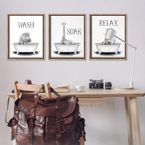 Image of Jungle Animals Bathroom Signage, 24 x 30 Inch Canvas in Floater Frame Set | Stupell Industries . By Rachel Nieman . Ready to hang . Great for bath and laundry . Made in USA